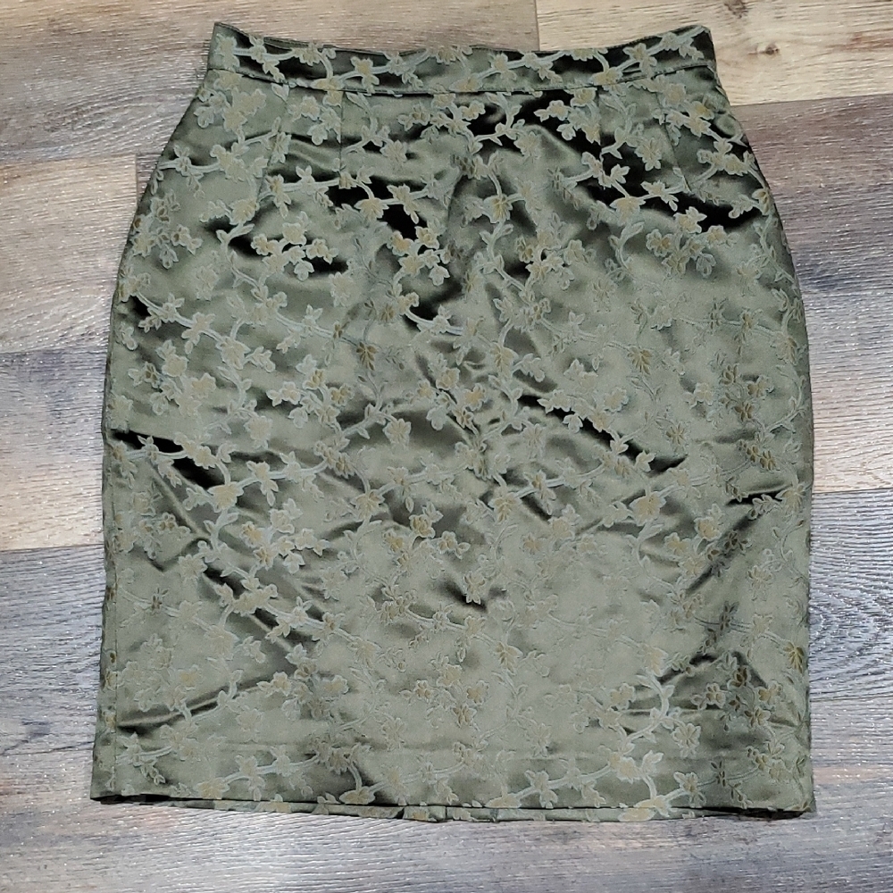Paule Vassuer Wool Blend Green Gold Floral Pencil Skirt